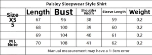 Tableau des tailles pour chemise de pyjama à imprimé cachemire, mesures détaillées du XS au L