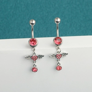 Pink heart angel wing belly rings in stainless steel with sparkling cubic zirconia crystals