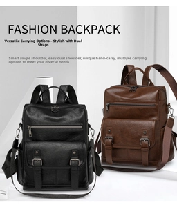 Detailed view of black and brown vintage faux leather backpacks with grainy texture and zips