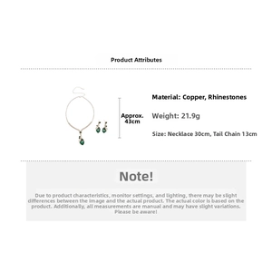 Detail view of heart-shaped green rhinestone necklace and earrings jewelry set measurements