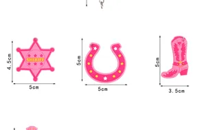 Size specifications for pink cowboy themed PVC charms including sheriff star and boots