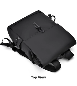 Close-up of waterproof matte fabric and buckle closure on the black business backpack