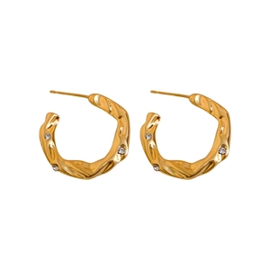 Golden C-shaped earrings with irregular wave texture and three sparkling rhinestones