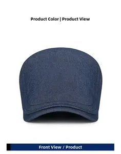 Front view detail of adjustable navy blue denim newsboy cap showing twill fabric texture