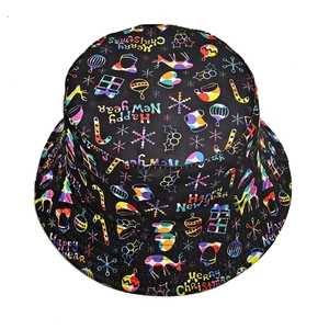 Reversible black bucket hat with colorful Merry Christmas and Happy New Year prints