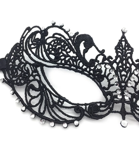 Close-up of elegant black lace masquerade mask featuring intricate cutout and rhinestones