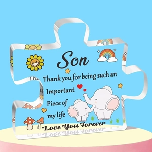 Detail of puzzle-shaped acrylic plaque with cartoon elephant and message for son