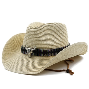 Classic summer western straw cowboy hat with ethnic band and metal bull skull ornament