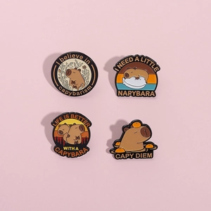 Set of four cute capybara enamel pins with funny English quotes on pink background