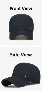 Detailed front and side views of business baseball cap with Sport embroidery and metal trim