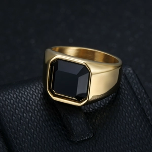 Minimalist gold stainless steel men's signet ring with large square black stone inlay