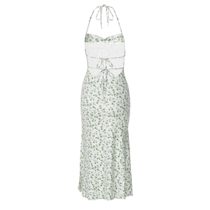 Detail of floral halter dress featuring open back design and adjustable cross-tie straps