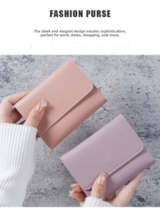 Close-up of small tri-fold PU leather wallets with litchi texture in pink and purple