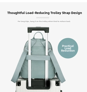 Detail view of mint green backpack featuring a back strap for suitcase handle attachment