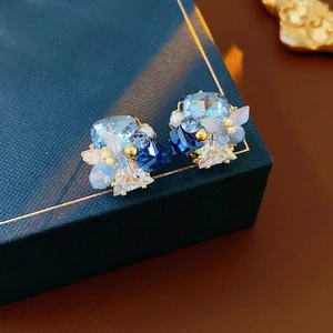Butterfly Flower Stud Earrings With Glass Zircon Artificial Pearl And Silver Earring Post Luxury Blue Jewelry For Women