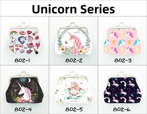 Detailed grid view of assorted unicorn print coin purses with vintage metal clasps