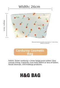 Detailed corduroy makeup bag dimensions 26x18cm with floral print and canvas lining