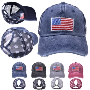 Women Distressed Washed Cotton Ponytail Baseball Cap American Flag Patch USA Embroidery Mesh Star Print Retro Trucker Hat