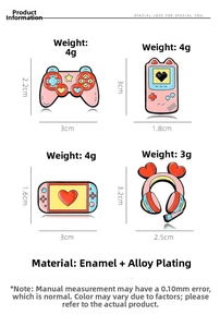 Detailed size chart for pink game console enamel pins with gamepad and heart earphone
