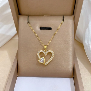 Collier Pendentif Double Coeur Chaîne Acier Inoxydable Cuivre Micro Pave Zircone Élégant Bijoux De Luxe Pour Femmes
