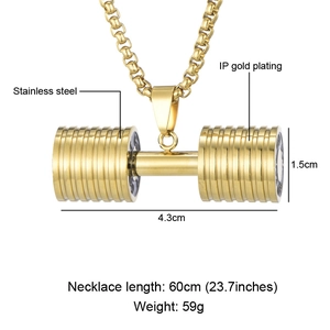 Golden stainless steel dumbbell pendant necklace with IP gold plating and 60cm chain length