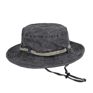 Washed Cotton Bucket Hat With Adjustable Windproof Rope Sun Protection Outdoor Safari Style For Men And Women