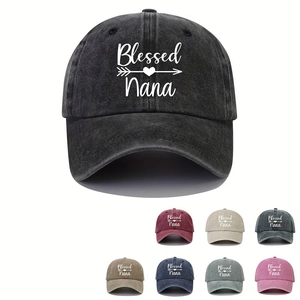 Multi-color palette showing washed cotton texture and Blessed Nana embroidery on caps