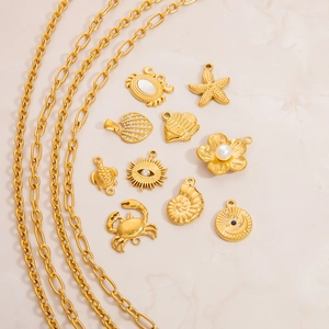 Golden stainless steel ocean pendants and necklace chains with shells and pearls