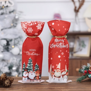 Christmas Wine Bottle Cover Soft Fabric Santa Claus Snowman Reindeer Pattern Festive Red Dining Table Decor Champagne Bag Prop