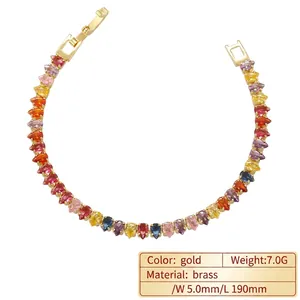 Luxury colorful teardrop crystal bracelet in gold plated brass for women, 190mm