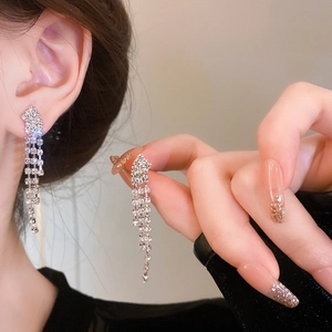 Close-up of silver tassel earrings with sparkling rhinestones worn by a model