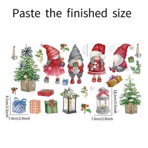 Detailed view of watercolor Christmas gnome and tree wall decals with size dimensions
