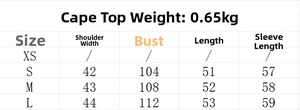 Size chart for cropped denim cape jacket showing shoulder, bust, and length measurements