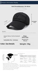 Size guide for breathable mesh baseball cap showing dimensions and head measurement tips