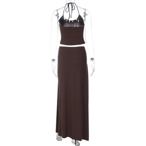 Rear view of brown two-piece set featuring backless halter crop top and long skirt