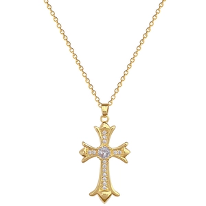 Luxurious gold titanium cross necklace with sparkling clear crystals on white background