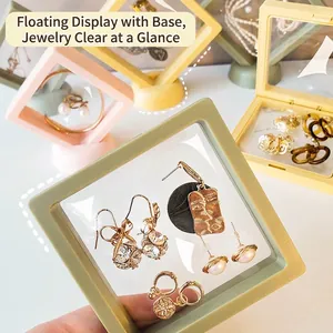 Morandi colored 3D floating jewelry display box with transparent PE film and base support