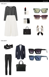 Fashion layout showing trendy square sunglasses with luxury dress collocation for men and women