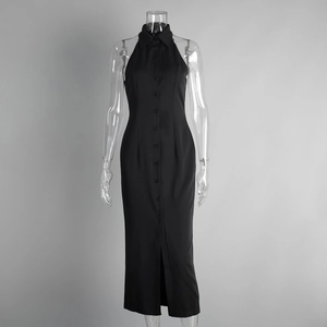 Detail view of black sleeveless maxi dress featuring a shirt collar and front button closure