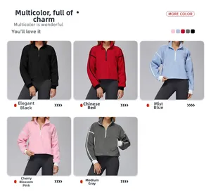 Multi-color collection of women's half-zip polar fleece jackets with adjustable hems