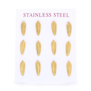 Set of 12 gold stainless steel feather earrings displayed on a white product card