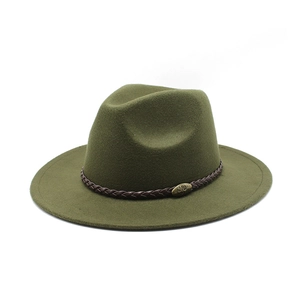 Detail of olive green wool fedora with a braided brown leather strap and bull buckle