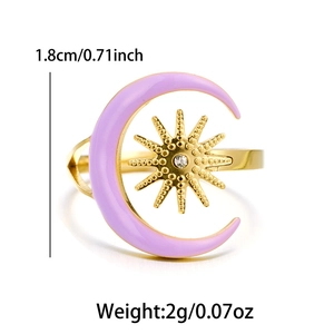 Detailed view of lavender enamel crescent moon and gold star ring with dimensions