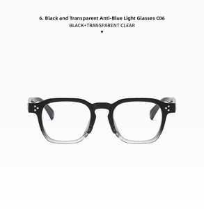 Detail view of anti-blue light glasses with black and transparent gradient frame C06