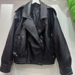 Men's black faux leather motorcycle jacket with lapel collar and ribbed hem details
