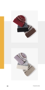 Detail of multi-color knitted striped beanies with geometric jacquard patterns and wide cuffs