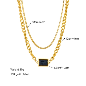 Double-layer 18K gold plated chain necklace with a black rectangular crystal pendant