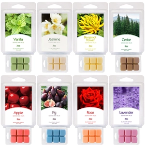 Detailed 8-pack set of assorted scented soy wax melts in a transparent 3oz blister pack