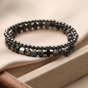Punk style double-layer beaded bracelet set with natural stones and black cross charm