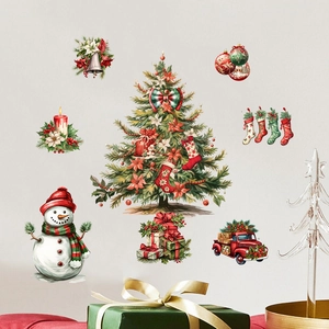 Christmas tree and snowman wall stickers with festive red truck and gift box decor